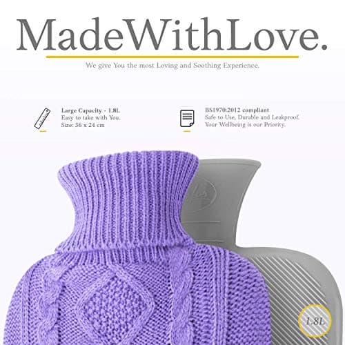Hot Water Bottle - with Soft Premium Knitted Cover - Purple, 2L - Heating Pad for Menstrual Cramps and Period Comfort - Bed Foot Warmer - Hot & Cold Compress for Back, Stomach, Neck Pain Relief — view 3