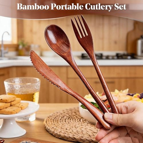 3 Piece Bamboo Travel Cutlery Set Reusable Wooden Spoon Fork Knife with Portable Canvas Pouch Eco Friendly Lightweight Camping Utensils for Lunch Work School Picnic Zero Waste Dishwasher Safe Flatware — view 3