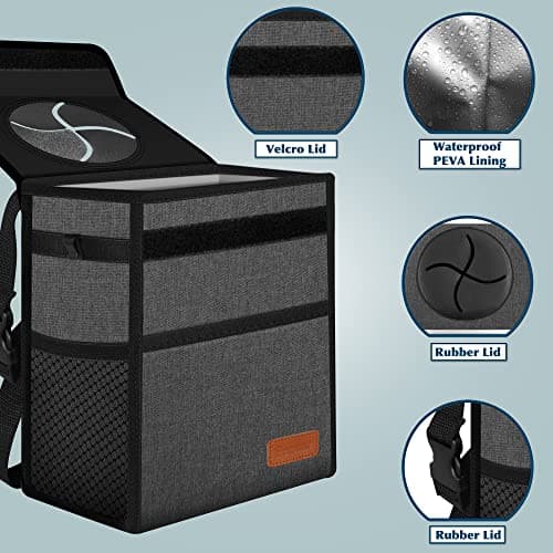 Leak Proof Car Trash Bag Waterproof Garbage Can with Lid for SUV Front Seat Multipurpose Car Hanging for Headrest Collapsible and Portable with Storage Mesh Pocket, Charcoal Gray — view 5