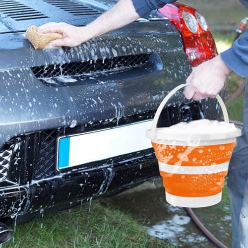Hmfmdy Collapsible Bucket, 5LSilicone Foldable Water Bucket With Sturdy Handle, Space Saving Multi Purpose Bin, Portable Cleaning Fishing Camping Baskets for Pet Feeding, Home, Car Washing - Orange — view 5