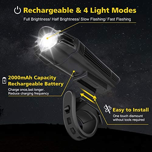 Defurhome Super Bright Bike Light Set, Powerful LED USB Rechargeable Front Headlight and Back Taillight, 2000mah Lithium Battery, Waterproof, 4 Lighting Modes Mountain Road Bicycle Lights — view 2