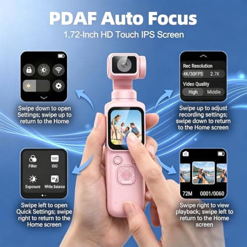 4K Gimbal Vlogging Camera with 330° Rotating Lens,1.72" Touchscreen,75MP Pocket Handheld Cam,WiFi App Control, EIS,Face Tracking,TF Card Included,Travel and Vlogging Daily Recording (pink,128GB) — view 5