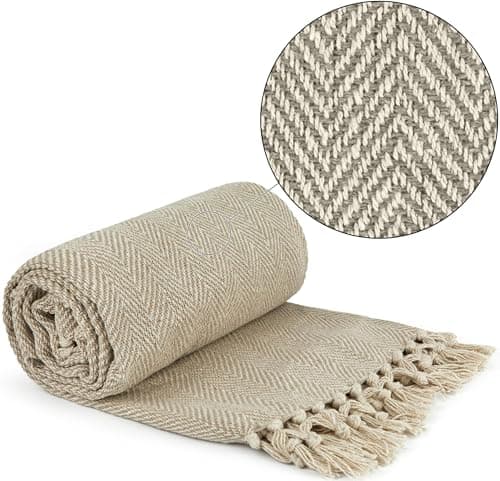Emma Barclay Herringbone - Recycled Cotton Patterned Chair Sofa Setee Bed Throw Over Blanket in Natural - 50x60 (127x152cm) — view 2