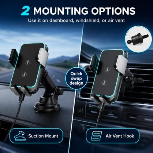 Car Phone Holder Wireless Charger, 15W Fast Charging Auto Clamping Car Charger Phone Mount Holder fit for Dash Windshield for iPhone 17 16 15 14 13 12 11 Pro Max, Galaxy S24+ and more — view 3