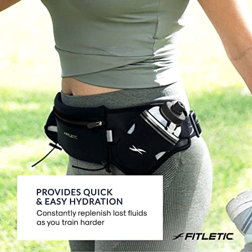 Fitletic Hydration Running Belt with Water Bottles (2x 250ml) Bum Bag with Adjustable Strap and Running Gels Holder Ideal Waist Bag for Outdoor Activities Phone Holder for Men and Women (L/XL) (Black) — view 6