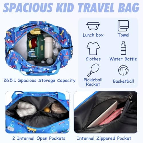 Kasgo 26.5L Kids Travel Sport Duffel Bag - Wet-Dry Shoe Pocket Blue Car — view 3