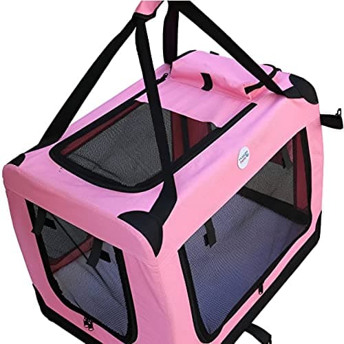HugglePets Foldable Fabric Pet Crate Carrier - Pink (Medium 60 x 42cm) Lightweight & Ventilated Double Door Carrier for Dogs & Cats with Sheepskin Mat. Ideal for Home & Travel. — view 3