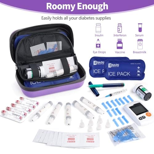 HIMDUZE Insulin Cooler Travel Case TSA Approved Refrigerated Medicine Cooler for Travel w/Thermometer Temperature Diabetic Case w/2 Reusable Ice Packs for Daily Life Trip, Purple — view 3