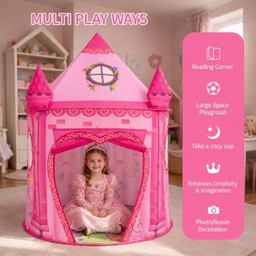 Princess Castle Play Tent for Kids, Girls' Pop-Up Play Tent, Indoor/Outdoor Foldable Pink Play Tent Fabulous Gift for Little Girls — view 4