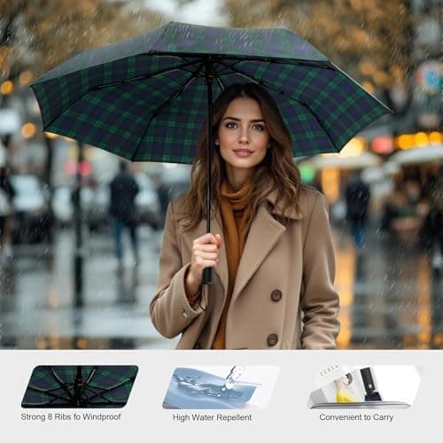 SoulRain Travel Umbrella - Windproof and Compact Umbrella for Rain - Perfect Large Auto Folding Umbrella - Ideal Car umbrella, Golf umbrella, and Travel Companion (Plaid Blue) — view 6