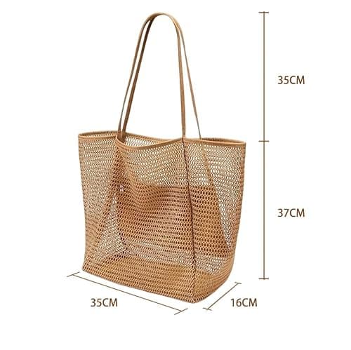 MSLSOZ Reusable Shopping Bag, Mesh Beach Tote Bag, 22L Khaki Shopping Bag with Double Handles, Bag for Women — view 3