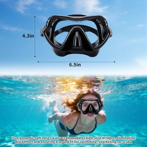 Adult Diving Mask with Nose Cover Anti-fog, HD Tempered Glass Snorkel Mask with Clear 180° Panoramic View, No Leak Swim Pool Goggles for Women Men Youth Unisex Snorkeling Freediving — view 3