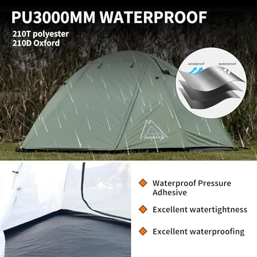 TENPLAY 2 Person Camping Tent Lightweight, PU3000mm Waterproof Backpacking Tent with Flysheet, 3-Season Double Layer Dome Tent with Aluminium Poles, 2 Doors for Hiking Outdoor Mountaineering（Green） — view 3