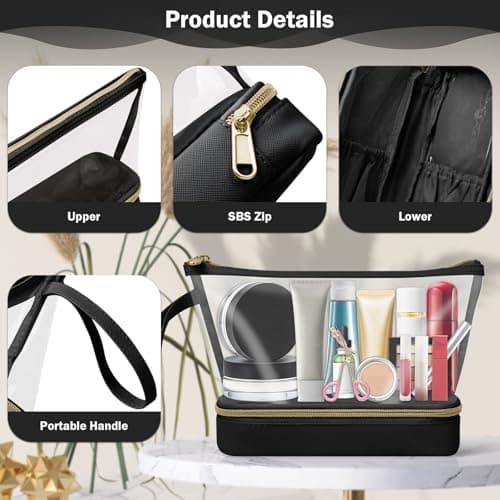 Clear Makeup Bag, Small Makeup Bag with Compartments for Brushes, TSA Approved Waterproof Travel Toiletry Bag, Make Up Bags for Women, Travel Essentials, Black — view 6