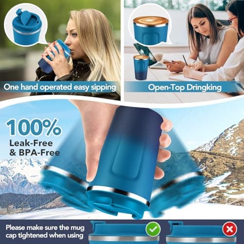 Volhoply 360ml 12oz Double Wall Insulated Vacuum Travel Coffee Mugs with Flip Lid Bulk 2 Pack,Reusable Stainless Steel Leak Proof Coffee Cup,Cafe Thermal Tumbler for Hot & Cold Drinks(Mix,2 Set) — view 6