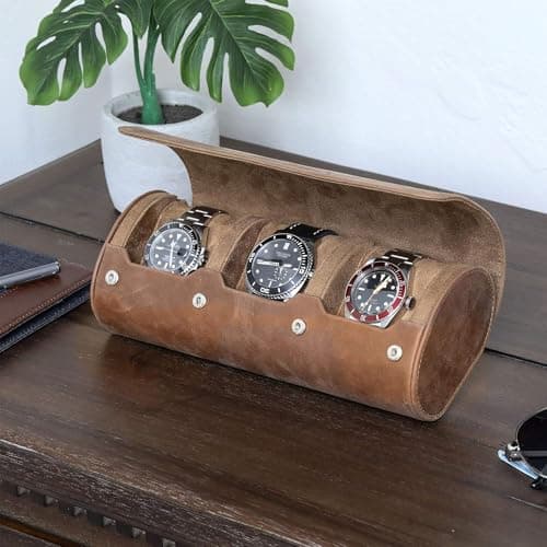 ROTHWELL Watch Roll Travel Case for 3 Watches | 100% Genuine Leather Heavy Duty Wearable Protection Fits All Wristwatches and Smart Watches up to 50mm (Tan/Tan) — view 3