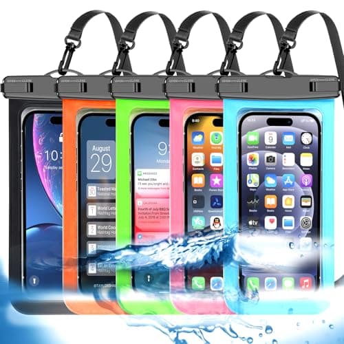 Famoby 5 Pack Multicolor Waterproof Phone Pouch, Cell Phone Case Dry Bag,Protection Level: IP68,Beach Cruise for iPhone,Samsung,and More,Lanyard Included,(Fits Up to 8.3"),Black,Blue,Pink,Orange,Green