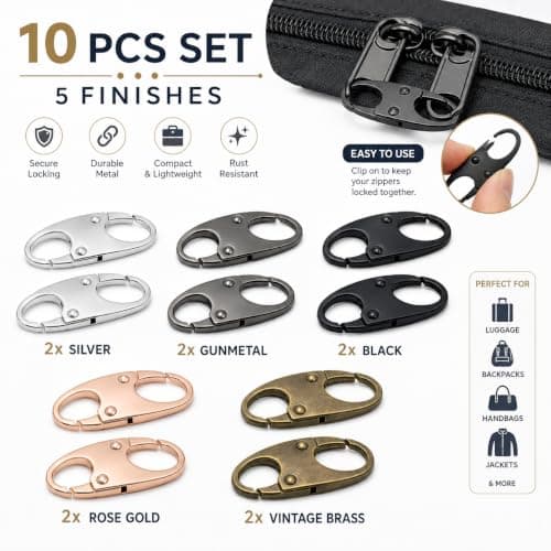 Dual-Head Zipper Lock Clasps, 10-Pack (Gold, Silver, Bronze, Black, White - 2 Each) - Security Lock for Luggage, Backpacks, Suitcase, Easy-Install Anti-Theft Zipper Pull Locks — view 4