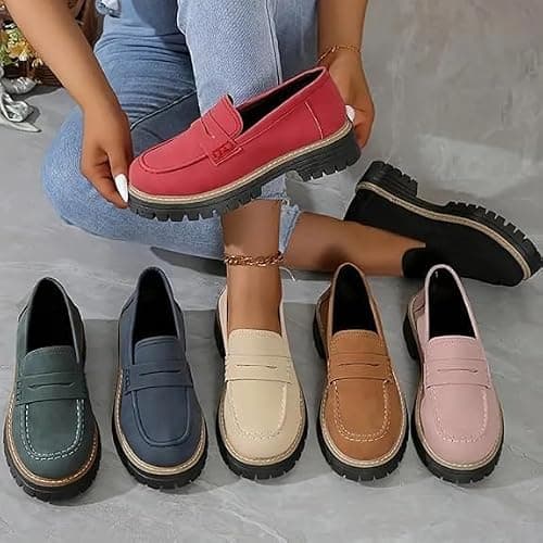 Women's Thick Sole Loafers With Lug Sole - Comfortable Work, Business and Casual Dress Shoes (Off-White, 3.5) — view 2
