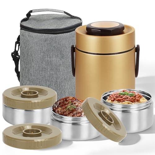 2L Insulated Food Flask, 3-Tier Stainless Steel Thermal Lunch Box with Bag