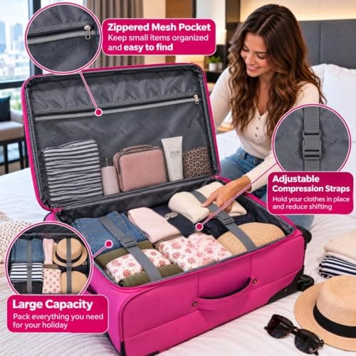 DK Luggage 29" Large Lightweight Suitcase Expandable Soft Shell 4 Wheel Spinner Check in Luggage for 23kg - 30kg (DK108 Pink, 29" Large) — view 5