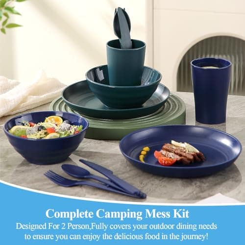 ReaNea Camping Mess Kit for 2 with Bowl, Plate, Cup, Spoon, Fork, Knife and Carry Bag, Plastic Camping Accessories Essentials Gear for Couple Travel, Picnic, Outdoor, Easy to Carry — view 3