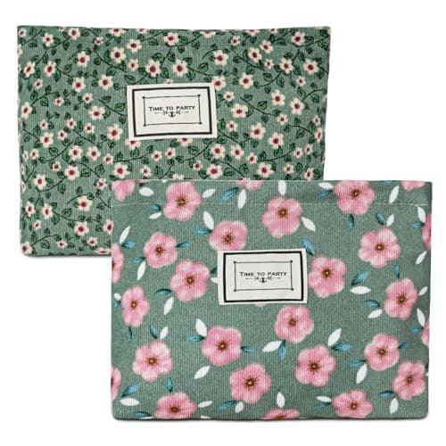 Aucuu Cosmetic Bags, 2 Pcs Small Floral Canvas Cosmetic Bag, Rose Flower Printing Corduroy Toiletry Bag, Multifunctional Travel Makeup Bag with Metal Zipper for Women Girls Gift-Pink&Green Flower