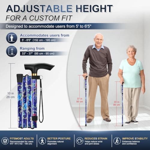 supregear Walking Stick - Adjustable Folding Walking Sticks for Women and Men - Lightweight Portable Collapsible Balancing Aid - Foldable Travel Cane for Ladies Elderly Adults, Dark Blue Floral — view 2