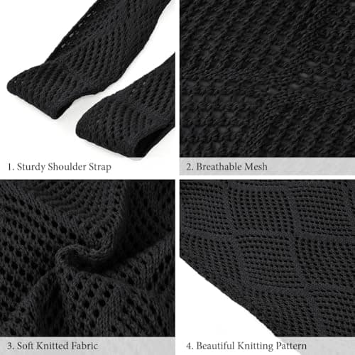 Aucuu Women Knitted Handbags, Retro Hollow Woven Shoulder Bags, Boho Shoulder Bag, Crochet Mesh Tote Bag, Beach Bag for Women, Travel Shopping Handbag for Holiday, Daily Work, Shopping, Travel-Black — view 5