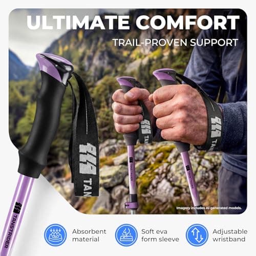 TANSTRIDER Trekking Poles for Hiking - Collapsible Lightweight 7075 Aluminum Hiking Sticks, 110-135 cm Adjustable Tri-Fold Walking Poles with Anti-Slip EVA Grip for Men and Women (Purple) — view 4