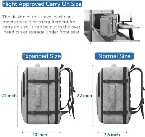 Gieury 55L Carry On Backpack, Extra Large Travel Backpack for Men & Women, Expandable Big Capacity For Airplanes, Travel Gifts for Men Women, Fits 18.4 Inch Laptop, Luggage Suitcase Daypack Bag, Grey — view 4