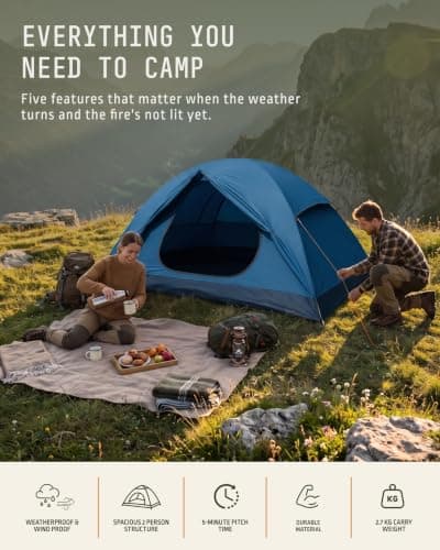 Voyager 2 Man Tent - Waterproof, Windproof, Quick Setup, Spacious 2-Person Camping Tent, Durable, Lightweight Outdoor Shelter, Ideal for Hiking, Backpacking, Camping- 225x135x110cm (Navy) — view 2