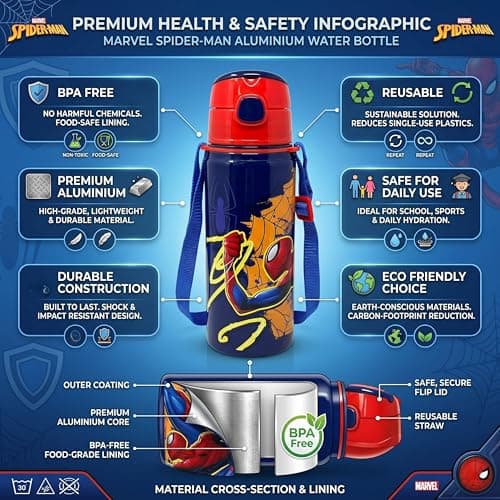 600ml Marvel Spiderman Kids Water Bottle with Straw – Aluminium Leak Proof Drinking Bottle for Boys, BPA Free Metal Sports Water Bottle for School, Travel & Back to School — view 5
