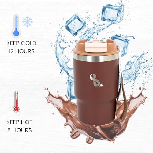 SimplyLivin Insulated Coffee Cup Travel Mug 480ml 16oz | Tumbler Flask with Straw & Spout Lid | Leakproof | 8H Hot 12H Cold | Reusable Coffee Cup | Stainless Steel Tumbler | Gift | Coffee Brown — view 5