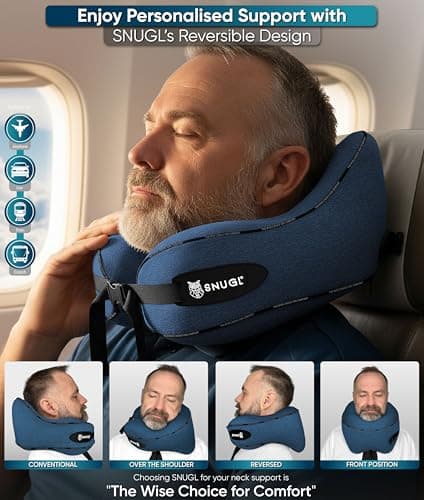 SNUGL Travel Pillow – Memory Foam Neck Pillow for Travel – Support Cushion for Airplane with Carry Bag & Clip - Holiday Essentials (Blue - Adult Small) — view 3