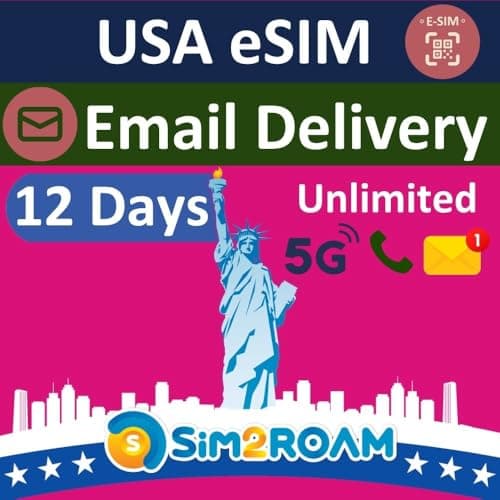USA Travel eSIM, uses T-Mobile Network | 12 Days Unlimited 5G Data in USA (incl. Hawaii) | Low-Speed Data in Canada & Mexico | Unlimited Calls & Texts | USA Native eSIM | Instant Email Delivery