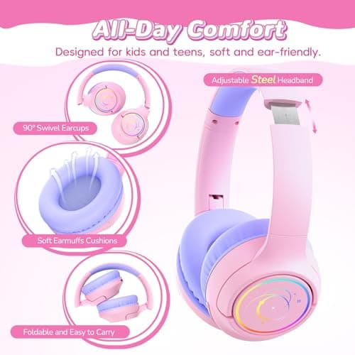 Kids Headphones Wireless with LED Lights 85H Playtime for Toddler Girl Pink — view 5
