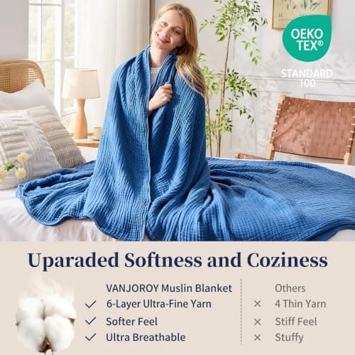 VANJOROY 100% Cotton Throw Blanket, 6-Layer Muslin Organic Soft Cozy Lightweight Large Throw for Bed Bedspread and Sofa - All Season Gauze Blanket,Blue-130x150cm — view 5
