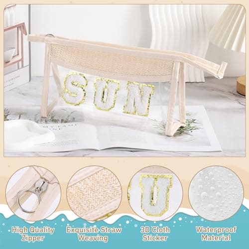 Etercycle Boho Patch Makeup Bag, Clear PVC Travel Toiletry Bag Waterproof Beach Bags for Women, Small Chenille Letter Bag with Zipper for Beach Travel Essentials (Sun) — view 3