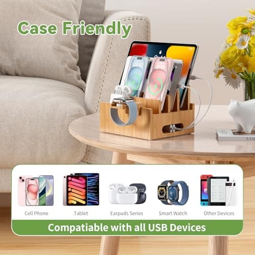 Bamboo Charging Station Desk Organizer, 4 Slot Device Organizer-Natural — view 3