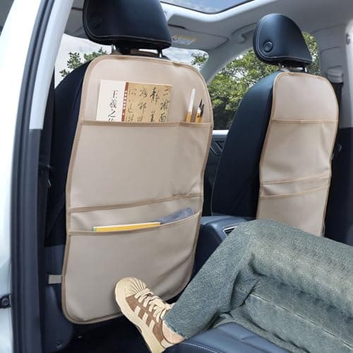 pefirst Kick Mat Back Seat Protector Waterproof Leather Car Seat Back Organizers Cover with 3 Storage Pockets for Kids Pets SUV Sedan Minivan Truck Car Travel Accessories (Beige 2-Pack) — view 2