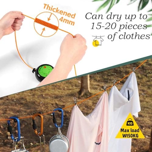 ZONSUSE Portable Travel Clothesline,Adjustable Camping Clothesline,10m Anti-Tangle Retractable Clothes Line,with 10 Fixed Buckles and 20 Clothespins, for Indoor Outdoor Balcony Garden Hotel (Green-A) — view 5