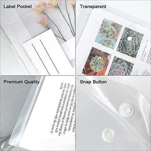 12 Pack Plastic Wallets A4 File Folders Plastic Transparent Document Folder with Label Pocket Snap Button Clear Files Envelope Pockets for Home, Office, School and Travel — view 4