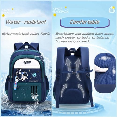 Space Childrens Backpacks for Boys, Multi-Pocket Astronaut Boys School Bags Backpacks with Chest Strap, Dark-Blue+Green — view 6
