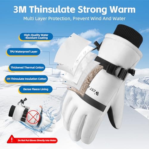 CYCLESPEED Ski Gloves for Men Women Waterproof Thermal Winter Glove Adult Unisex Snow Gloves for Skiing Snowboarding, Snowmobiling, Winter Hiking Outdoor Walking (White, L) — view 2