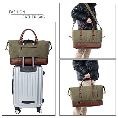 Travel Bag with Shoe Pouch,Weekender Overnight Bag Canvas PU Leather Large Carry On Bag Travel Tote Duffel Bag for Men or Women,Green — view 6