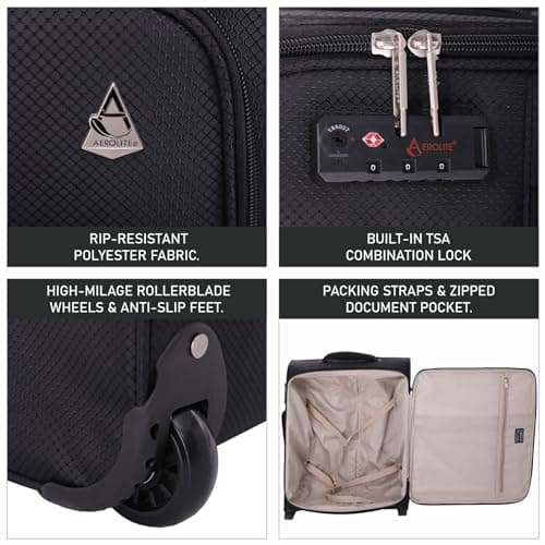 Aerolite 56x45x25cm British Airways Jet2 & Easyjet Upgrade Maximum Allowance Large Lightweight 2 Wheel Carry On Hand Cabin Luggage Bag Suitcase 56x45x25 with TSA Approved Lock Black — view 6