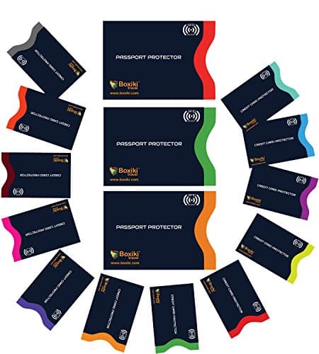 RFID Blocking Sleeves 15 Pack Navy Blue - 12 Credit Card Protector Sleeves and 3 Passport Holders, Colour Coded Identity Theft Protection Set, Slim Waterproof RFID Card Sleeves for Travel