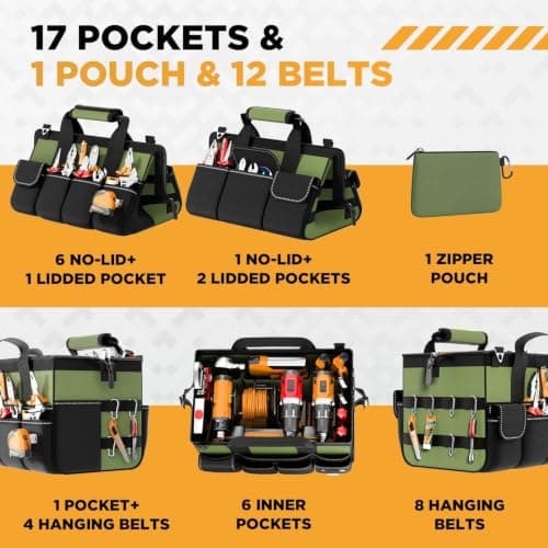 WELDUN Tool Bag 15.5 Inch, 17-Pocket Portable Tool Box Organizer Storage — view 3