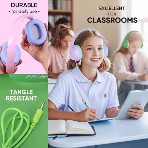 A+ Scholars Kids Headphones Bulk 5 Pack for School, HD Mic Stereo Sound Over-Ear Headphones for Classroom, Comfortable Fit, Foldable, 3.5mm Jack Wired Headphones for Kids ipad Tablets Computer Travel — view 3